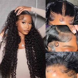 13x6 Lace Front Wigs Human Hair Pre Plucked Wet and Wavy Human Hair Wigs for Black Women Deep Wave Wig 180 Density Curly Lace Frontal Wig (13x6 Lace Black Color, 34 Inch)