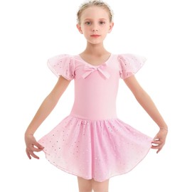 Sahunfri Ballet Clothing Girls' Ballerina Dress with Chiffon Sequins & Bow, Elastic Cotton Ballet Jersey with Chiffon Skirt Tutu, pink, 140