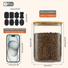 D2scrma 122oz Airtight Glass Square Storage Canister with Bamboo Lid Set of 1 (3600ml) Gallon Glass Jars Large Kitchen Canister for Sugar, Flour, Cookies and Coffee beans (‎with Black Lable)