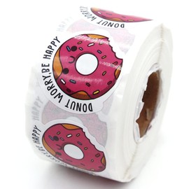 Muminglong 1.5 Inch Donut Worry Be Happy Sticker, Thank You, Small Shop, Small Business, Handmade, Packaging - 500 PCS