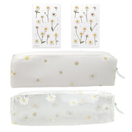 KVBUCC 2-Piece Pencil Case Set, Two Pieces Daisy Stickers, Daisy Pencil Case, Transparent Stationery Case, PVC Portable Pencil Case, Organizer's Stationery Bag, Travel Makeup Bag
