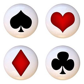 SET OF 4 KNOBS - Card Suits Spades Hearts Diamonds Clubs - Casino Gambling - DECORATIVE Glossy CERAMIC Cupboard Cabinet PULLS Dresser Drawer KNOBS