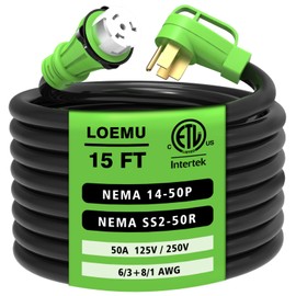 LOEMU 2025 Real Heavy Duty 50 Amp Generator Cord, 15 Ft and 12.8 Pounds, NEMA 14-50P/SS2-50R with Handle, 6/3+8/1 Gauge 4-Prong, ETL Listed Power Cord for Generators/RVs/Campers/Travel Trailers/Ships