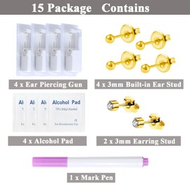 Ear Piercing Kit-15 PCS Disposable Self Ear Piercing Gun Piercing Tools with Gold Earrings Stud (GOLD 204-4)