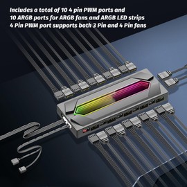 ARGB PWM Fan Hub, 1 to 10 Serial ATA Power Port 5V 3Pin Magnetic Base PC Case Fan Splitter with Remote SATA Power Input, RGB Computer PC Case Fan Hub (Black)