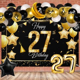 Happy 27th Birthday Backdrop Banner Decor with Balloons Arch Garland Kit Black and Gold - Glitter Cheers to 27 Years Old Birthday Party Theme Decorations for Men Women Supplies