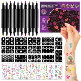 EBANKU 10-Count Temporary Tattoo Markers for Skin, Dual-End Body Markers with 147 Large Tattoo Stencil+ 10 Sheets Mermaid Body Stickers, Flexible Brush Tip, Bold Fine Lines Tattoo Pens, Cosmetic-Grade