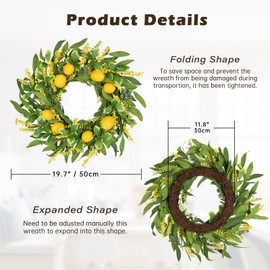 Hollyone 20'' Artificial Lemon Wreath, Summer Spring Wreath for Front Door, 50CM Lemon Door Wreath for Home Decor, Living Room, Kitchen, Wall, Window, Mantel, Wedding Decorations