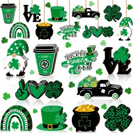 Chunful St. Patrick's Day Decoration for Tree Wood St. Patrick's Day Shamrock Gnome Leaf Truck Cutout Ornament Small Welcome Hello Spring Tree Hanging Sign Decor(Love Style, 30 Pcs)