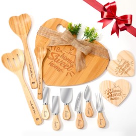 Patelai 13 Pcs Christmas Housewarming Gifts Set Includes Bamboo Heart Cutting Board, Spoon, Cheese Knives Coasters and Clear Gift Bags for New House, Home, Couples, Women