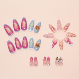 Press On Nails with Nail Glue, 3D Peach Flower Summer Cute Designed in Glue on Nails, Fake Nails, Short Square Almond Ballet Shape for Stick On Nails on 24PCS,Summer Beach Flower