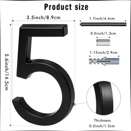 VONDERSO 6 Inch Floating House Numbers and Letters for Outside,Black Metal Modern Outdoor Address Sign for Yard Street and Mailbox, Zinc Alloy Solid Address Numbers and Letters,number 5