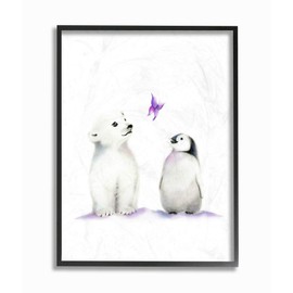 The Kids Room by Stupell Cute Cartoon Baby Polar Bear and Penguin Zoo Animal Painting Black Framed Wall Art, 16 x 20, Multi-Color