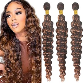 Tuheerst 3 Bundles Human Hair Bundles Brown Deep Wave Tessitura Extension Capelli Umani Brazilian Brown Capelli Brazilian Naturali Extension Double Weft 100% Remy Hair 26 26 26 Pollice
