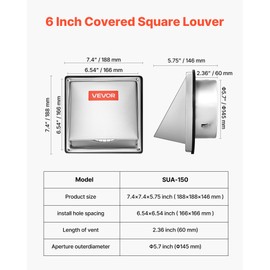 VEVOR 6 inch External Extractor Wall Vent Cover, Square AC Vent Gable Cover, Premium Stainless Steel & with Built-in a Protection Screen, for House,Bathroom,Garage,Kitchen,Basement (1 Pack, Silver)