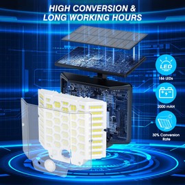 Collasis Solar Lights Outdoor Garden, 186LED/3Modes 270°Upgraded Outdoor Lights IP65 Waterproof Solar Security Lights Outdoor Motion Sensor with 16.4Ft/5M Cable Wall Lights for Garden, Yard, Pathway