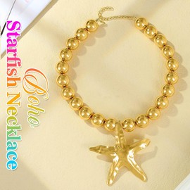 Zoestar Boho Starfish Necklace Gold Seastar Pendant Thick Necklaces Beaded Beach Necklace Chain for Women
