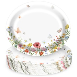 EggSun 50Pcs Spring Flower Oval Plates 10’’x 12’’,Large Floral Disposable Paper Plates,Heavy Duty Flower Plate Tableware for Baby Shower,Mother's Day,Birthday,Wedding,Spring Tea Party Supplies
