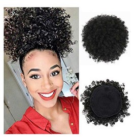DEYNGS Afro Puff Bun With Bangs Ponytail Hairpieces African American Short Afro Kinky Curly Synthetic Drawstring Ponytail Hair Extention Hairpieces for Women (Bun with Bangs-Silver grey)