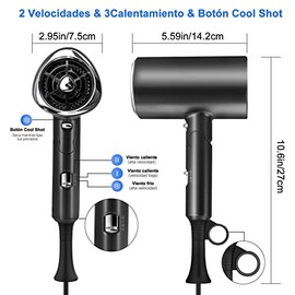 Charlemain Secadora de Cabello de Iónico Negativo, 1800W Secadora de Pelo Profesional con 3 Temperatura Ajustable, Secador de Soplado Plegable con 1 Boquilla de Cabeza Soplado y 1 Difusor （Negro）
