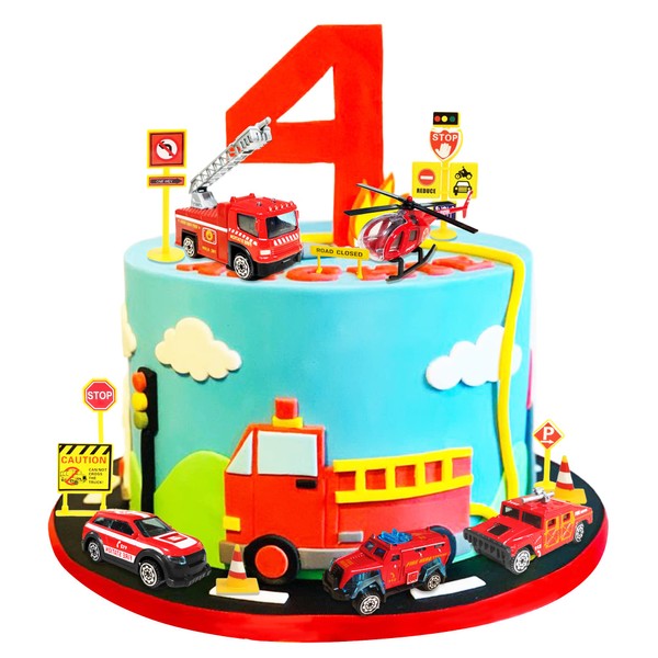 Juego de 20 piezas de decoración para tartas de vehículos de construcción, suministros para fiestas de cumpleaños, 6 camiones de construcción, juguetes, 14 piezas de decoración de letreros de carretera