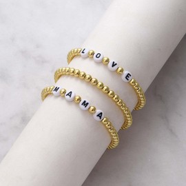 Gold Beads Bracelets for Women Stackable Layered Beaded Bracelet Set Gold Ball Stretch Elastic Bangle Bracelet Non Tarnish Dainty Mama Letter Bracelets Gold Bracelets Birthday Mother's Day Gifts (MaMa)