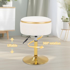 MRITWAII Adjustable Vanity Stool with Storage, 360° Swivel Makeup Stool Chair Small Velvet Round Ottoman with Gold Base for Bedroom (Beige)