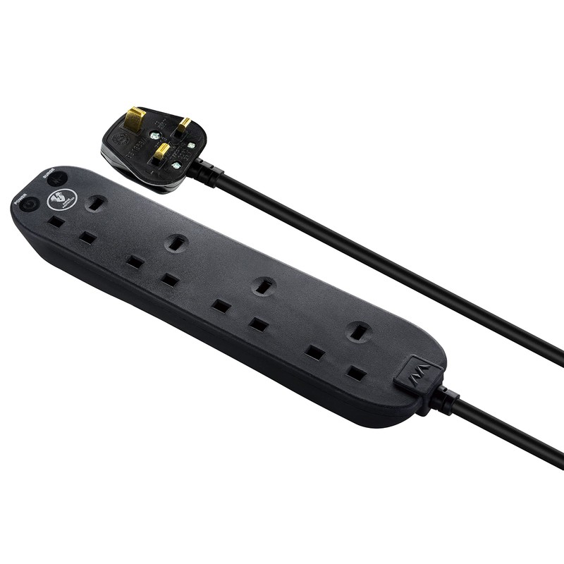 Masterplug Four Socket Power Surge Protected Extension Lead, Black