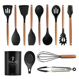 IMLUCKY 13 Piezas Utensilios de Cocina de Silicona con Mango de Madera - Juego de Utensilios de Cocina Soporte de Plástico/Turner/Batidor/Cuchara/Cepillo/Espátula/Cucharón/Pinzas(Negro)