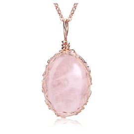 JOVIVI Rose Quartz Crystal Healing Stone Pendant Necklace Natural Pink Oval Chakra Gemstone Rose Gold Wire Wrapped Jewellery for Women Mother Mom Gifts