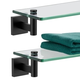 KOKOSIRI Bathroom Shelves Glass Floating Shelf 16-Inch for Bedroom Living Room Kitchen Hanging Rack Rustproof Wall Mounted Black 2 Pack B1105BK-L16-P2