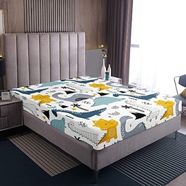 Loussiesd Children's Fitted Sheet Dinosaur Print Bed Sheet Cartoon Animals Beautiful Dino Pattern Fitted Sheet 140 x 200 cm Soft Microfibre for Children Girls Boys Dinosaur Doker