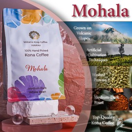 Volcanoking Coffee Mohala Hawaiian whole bean coffee, 100% Kona coffee beans Medium Dark Roast - Gourmet Kona Coffee From Hawaii's Largest Coffee Growe, Great for Espresso, Drip or French Press, 100% Arabica coffee beans（8.15 Ounces）,Coffee Grounds with Smooth