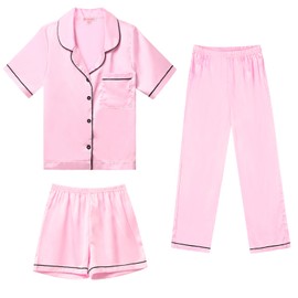 QPANCY Satin Pajama Sets Unisex Boys and Girls Silk Button Down Short Sleeve & Shorts & Pants Sleepwear 3PCS Loungewear Pink PJS Size 6 7