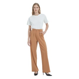 Tronjori Women High Waist Casual Straight Leg Dress Pants Office Work Trousers Suit Pants Back Elastic Waistband(S, Brown)