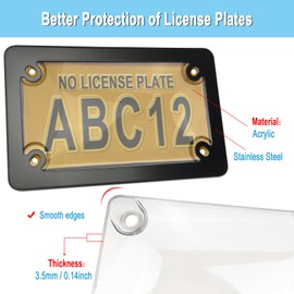 Motorcycle License Plate Covers- Bubble License Plate Protector and Black Stainless Steel Metal License Plate Frame, Unbreakable Protective Cover is Clear, with Front Rear Screws Caps