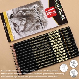 KALOUR Professional Charcoal Pencils Drawing Set -12 Pieces Soft, Medium and Hard Charcoal Pencils for Drawing, Sketching, Shading, Artist Pencils for Beginners & Artists
