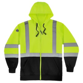 Ergodyne Standard Class 3 Hooded Sweatshirt Black Bottom-Zipper, Lime, 2X-Large