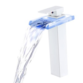 Rzoeox LED Bathroom Sink Faucet, Tall Bathroom Vessel Sink Faucet Matte White, Waterfall Bathroom Faucet Single Handle 1 Hole Brass Bathroom Faucet with Glass Spout