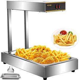 VEVOR 110V French Fry Food Warmer 23" x 13.5", 900W Fry Heat Lamp with Detachable Bent Drain Board Drip Pan, Stainless Steel Food Heat Light 86℉-185℉, Free Standing Fried Chicken Warmer With Light