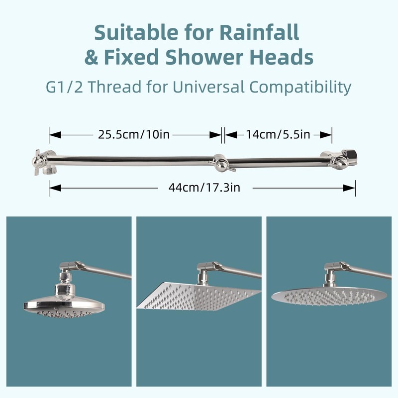 iFealClear Adjustable Shower Head Extension Arm, 16" Brass Shower Head