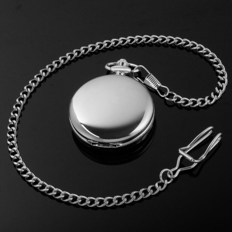 Tiong Silver Men's Smooth Steel Mechanical Pocket Watch with Luminous