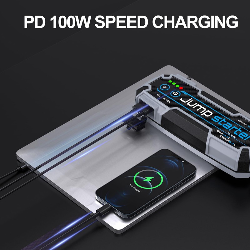 Car Jump Starter, 4000A Peak 24000mAh, 100W PD Fast Charging,
