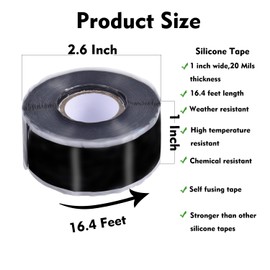 PackYard Self Fusing Silicone Tape 1 in x 16.4' Black Waterproof Rubber Leak Proof Sealing Tape Silicone Rubber Self-amalgamating Tape for Emergency Hot and Cold Water Pipe Repairs and Tool Fixation | PackYard
