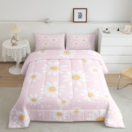 White Daisy Kids Comforter Set Full Size,Flowers Plants Rustic Farmhouse Bedding Set,Girls Boys Adults Room Decor,Botanical Florals Theme Down Comforter,Pink Romantic Duvet Insert,2 Pillowcases