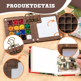 VARKAGE 15 Grids Wooden Mini Palette, Mini Watercolour Set with Binder Clips, Foldable Portable Pocketartist Travel Set with Watercolour Paper Journal, Watercolour Brush Pens and One Clip