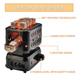3D Multipurpose Turbo Coal Burner,Multipurpose Electric Charcoal Burner Coconut Charcoal Starter with 2 Heating Zones with Stainless Detachable Tongs, 1200W Power Cube Coil Burner Fire Starter