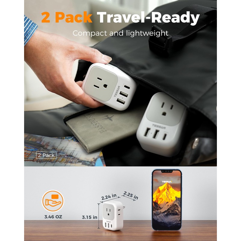 US to Japan Plug Adapter 2 Pack, TESSAN 2 Prong