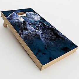 Skin Decals Vinyl Wrap for Cornhole Game Board Bag Toss (2xpcs.) / Howling Wolves at Moon