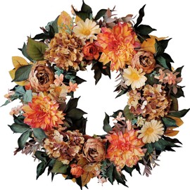 WANNA-CUL 24 Inch Fall Wreath for Front Door with Vintage Hydrangea&Orange Peony and Dahlia Flowers-Fall Decoration for Home-Large Fall Decor Door Wreath for Autumn,Harvest or Thanksgiving